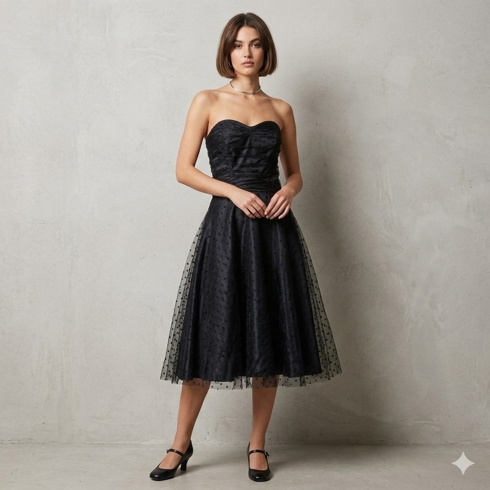 VTG Stop Staring! Strapless Midi Dress‎ 1X Black Polka Dot Tulle Pinup Retro Y2K